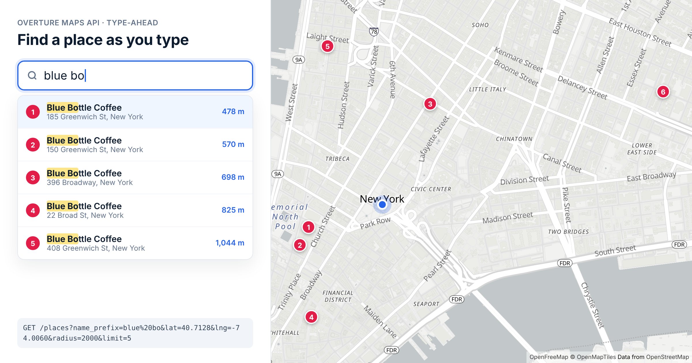 A search box with "blue bo" typed, suggesting five Blue Bottle Coffee shops in New York with their distances, next to a map of all six